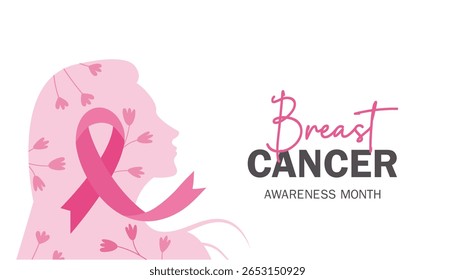 Breast cancer awareness month banner with pink ribbon roll sign and text vector design