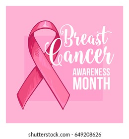 Breast Cancer Awareness Month Banner, Poster, Template With Hand Drawn Pink Ribbon, Sketch Vector Illustration. Hand Drawn Pink Ribbon, Breast Cancer Awareness Month Campaign Banner, Poster, Card