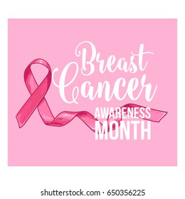 Breast Cancer Awareness Month Banner, Poster, Template With Hand Drawn Pink Ribbon, Sketch Vector Illustration. Hand Drawn Pink Ribbon Card