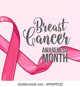 Breast Cancer Awareness Month Banner, Poster, Template With Hand Drawn Pink Ribbon, Sketch Vector Illustration. Hand Drawn Pink Ribbon, Breast Cancer Awareness Month Campaign Banner, Poster, Card