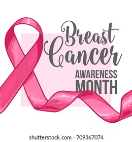 Breast Cancer Awareness Month Banner, Poster, Template With Hand Drawn Pink Ribbon, Sketch Vector Illustration. Hand Drawn Pink Ribbon, Breast Cancer Awareness Month Campaign Banner, Poster, Card