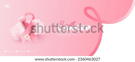 Breast Cancer Awareness Month banner, with pink ribbon, flower and cloud elements