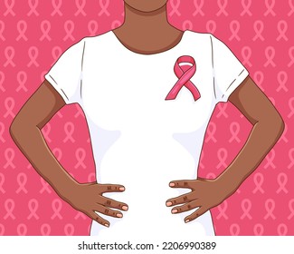 Breast Cancer Awareness Month. Black Woman Wearing Pink Ribbon Over White T-shirt. Support Or Proud Survivor Concept