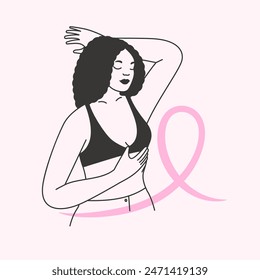 Breast cancer awareness month. Black woman in bra doing a manual breast self examination. Minimalist hand drawn illustration of a female with a pink ribbon. Isolated flat vector design