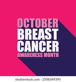 Breast cancer awareness month bold text with long shadow on pink background. Women illness poster, banner, greeting card design. Editable 3d text logo for t shirt, cancer social media post