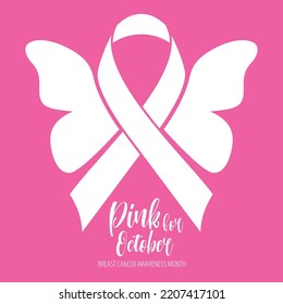 Mes de concienciación sobre el cáncer de mama con diseño de afiches de señalización de la mariposa y cintas de color rosa.