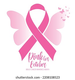 Breast cancer awareness month with Butterfly sign and pink ribbons vector illustration design poster layout.