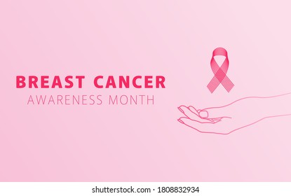 Breast Cancer Awareness Month Campaign With A Ribbon Sign And A Silhouette Of A Woman's Hand On A Pink Background.