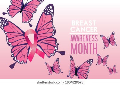 breast cancer awareness month campaign poster with butterflies vector illustration design