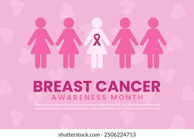 Breast Cancer awareness month campaign banner. Woman symbol icons campaign pink ribbon background