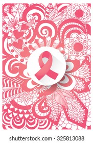 Breast cancer awareness month campaign with ribbon sign over zentangle pink background with shadow for banner,header,poster and so on.