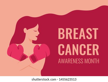 Breast cancer awareness month card with young woman defends herself by crossing her arms in Boxing gloves. Vector medical concept of prevention of breast cancer.