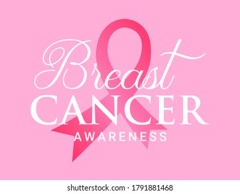 Breast cancer awareness month card with text and pink ribbon. Vector cartoon illustration