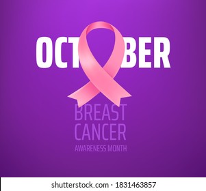 Breast cancer awareness month. Card with pink silk ribbon