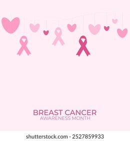 Breast cancer awareness month card with decorative element of pink ribbons and hearts. Vector illustration, banner, background, social media post, poster. Support, solidarity, attention, concept.