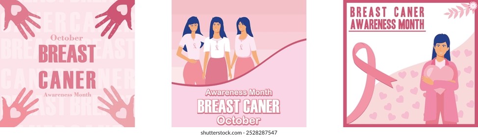 Breast Cancer Awareness Month card. Three Women with pink ribbon. Breast Cancer Awareness Month Social Media Post. Set flat vector modern illustration 