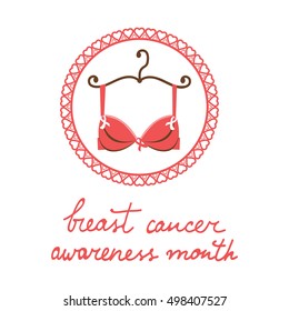 Breast cancer awareness month card with a bra and pink ribbon svg