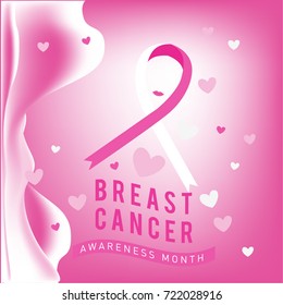 Breast cancer awareness month card. Pink ribbon vector illustration poster template.