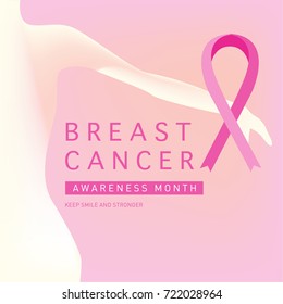 Breast cancer awareness month card. Pink ribbon vector illustration poster template.