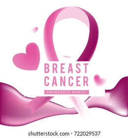 Breast cancer awareness month card. Pink ribbon vector illustration poster template.