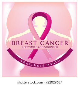 Breast cancer awareness month card. Pink ribbon vector illustration poster template.