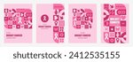 Breast Cancer Awareness Month cards. Set of modern geometric backgrounds. Abstract pattern with pink shapes and symbols. Vector illustration in trendy bauhaus style. Template for postcard or flyers.