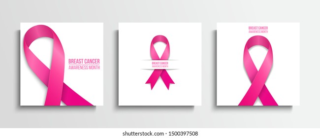 Breast cancer awareness month cards set. Multiple myeloma cancer awareness month and solidarity symbol. Pink ribbon on white background. Vector illustration.