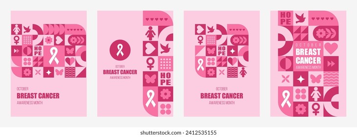 Breast Cancer Awareness Month cards. Set of modern geometric backgrounds. Abstract pattern with pink shapes and symbols. Vector illustration in trendy bauhaus style. Template for postcard or flyers.