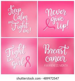 Breast cancer awareness month cards set with handwritten phrases and pink ribbons.