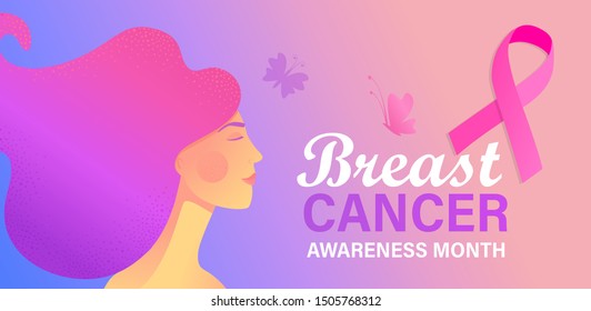 Breast cancer awareness month care poster. World preventive healthcare initiative.Banner with woman face,butterflies,pink ribbon, place for text.Placard, flyer, card.Vector illustration.