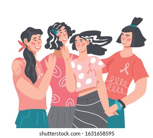 Breast Cancer Awareness Month concept with girl friends group together. Diverse women hugging and supporting each other. Charity, society support in fight against cancer. Vector Illustration isolated.