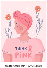 Breast cancer awareness month concept. Hand drawn Woman wearing turban and wear pink clothes with text space think pink background poster illustration