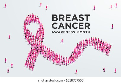 Breast cancer awareness month concept poster. Large group of people form to create a pink ribbon. Vector illustration.