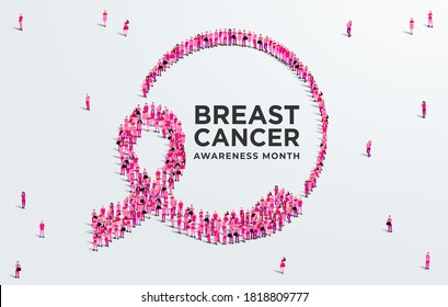 Breast cancer awareness month concept poster. Large group of people form to create a pink ribbon. Vector illustration.