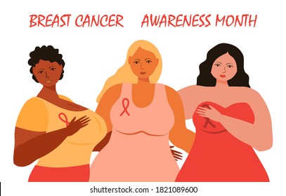 Breast cancer awareness month concept vector. female of different race support each other. Pink ribbons om the dresses are shown.  Annual international health campaign organized in October.