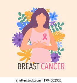 Breast cancer awareness month concept vector illustration. Woman wear pink dress and pink ribbon logo with flowers on background in flat design.