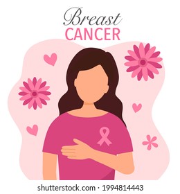 Breast cancer awareness month concept vector illustration. Woman wear pink dress and pink ribbon logo with flowers on background in flat design.