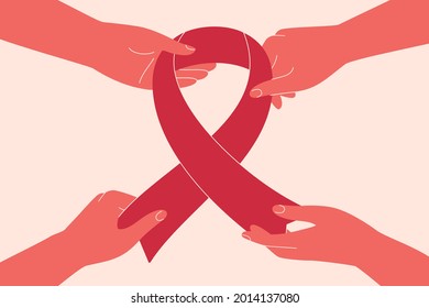 Breast cancer awareness month concept with four hands hold pink ribbon. Vector illustration of support and solidarity women oncological disease. Human arms surround big pink ribbon. 