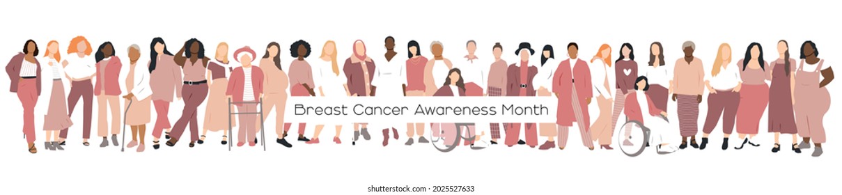 Breast cancer awareness month concept. Women of different ethnicities stand side by side together. Flat vector illustration.