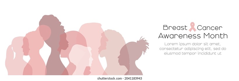 Breast cancer awareness month concept. Card with place for text. Women of different ethnicities stand side by side together. Flat vector illustration.