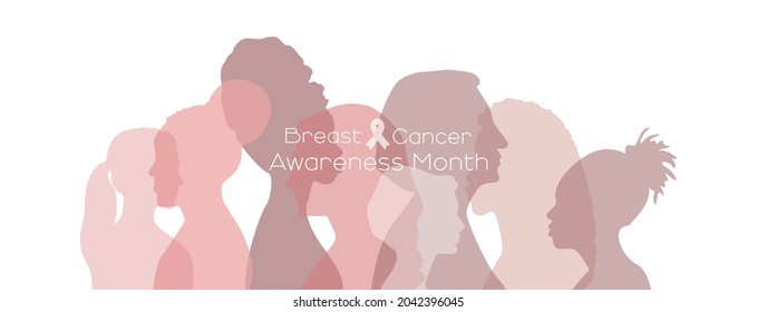 Breast cancer awareness month concept. Women of different ethnicities stand side by side together. Flat vector illustration.	