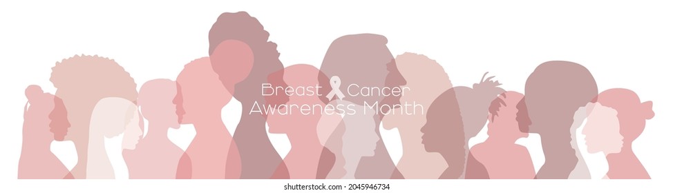 Breast cancer awareness month concept. Women of different ethnicities stand side by side together. Flat vector illustration.	