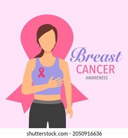 Breast cancer awareness month concept vector illustration. Woman with pink ribbon logo on her dress in flat design.