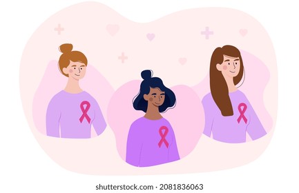 Concepto del Mes de Concienciación sobre el Cáncer de Mama. Día Mundial del Cáncer en octubre. Diferentes chicas con cinta rosa de apoyo. Los personajes femeninos sonrientes ayudan a lidiar con las enfermedades. Dibujo vectorial plano de dibujos animados