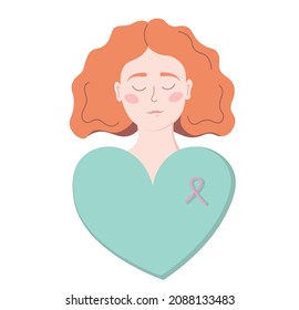 Breast cancer awareness month concept. World Cancer Day in October. Cute redhead woman with support tape. Flat vector cartoon isolated on white background. Vector illustration.