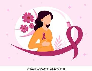 Breast Cancer Awareness Month concept. Young woman with purple ribbon palpates her breasts and excludes cancer. Diagnosis and prevention of serious diseases. Cartoon flat vector illustration