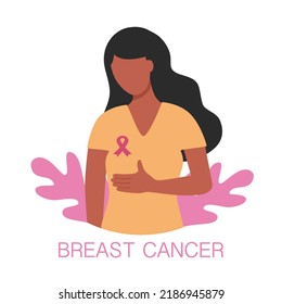 Ilustración vectorial del mes de sensibilización sobre el cáncer de mama. Mujer negra con logo de cinta rosa en diseño plano.