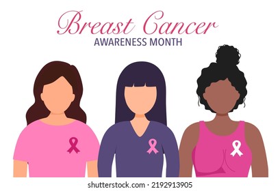 Breast cancer awareness month concept vector illustration. Women with ribbon logo in flat design on white background.