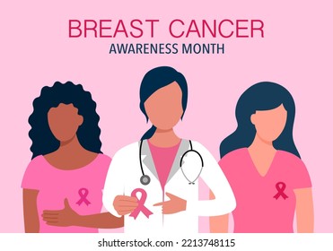 Breast cancer awareness month concept vector illustration. Doctor and females wearing dress with pink ribbon logo in flat design.