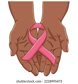 Breast cancer awareness month concept. Black woman hands cupped, holding pink ribbon. Support or proud survivor concept.